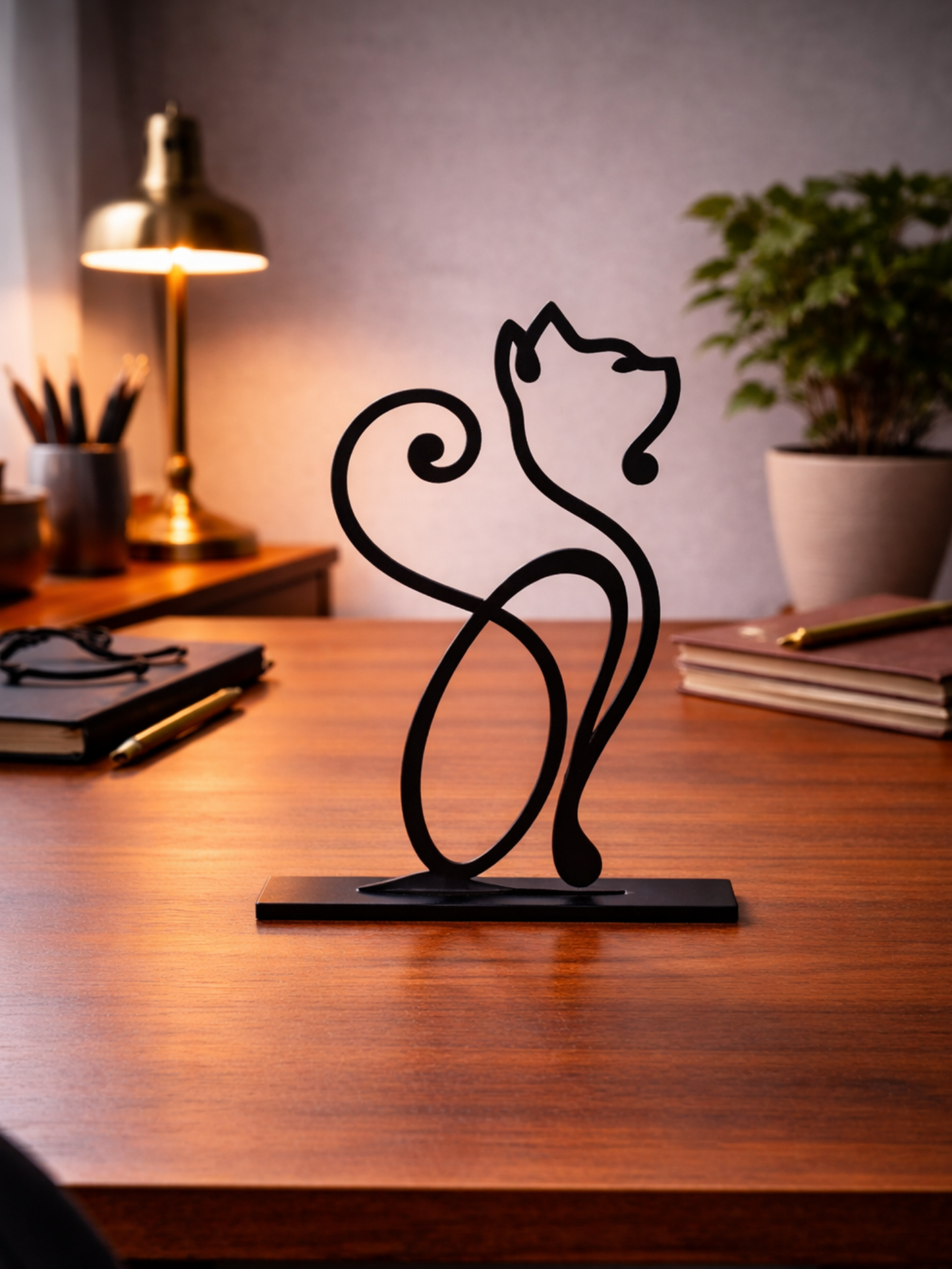 “Elegant Kitty” Minimal Cat Sculpture Metal Art Desk Decor